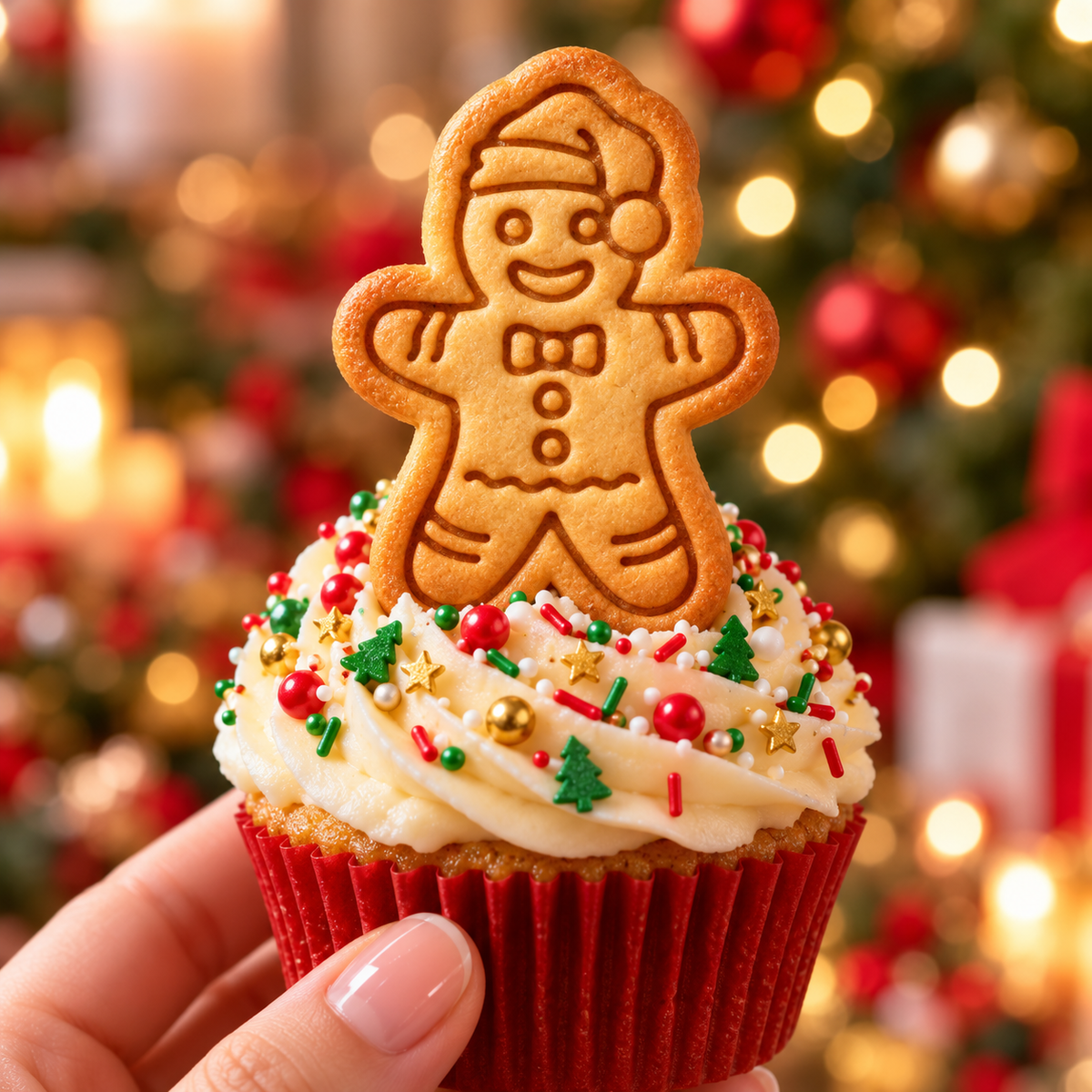 Christmas Gingerbread Man mini stamped biscuit used as festive cupcake topper for Christmas baking