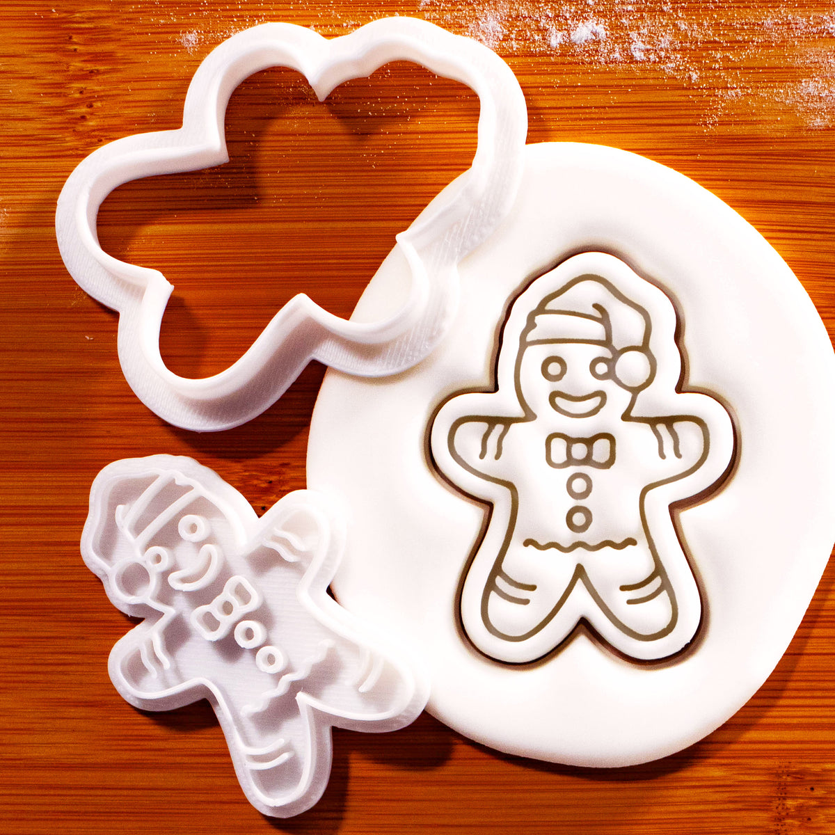 Christmas Gingerbread Man mini cookie cutter and detail stamp with embossed sugarpaste impression