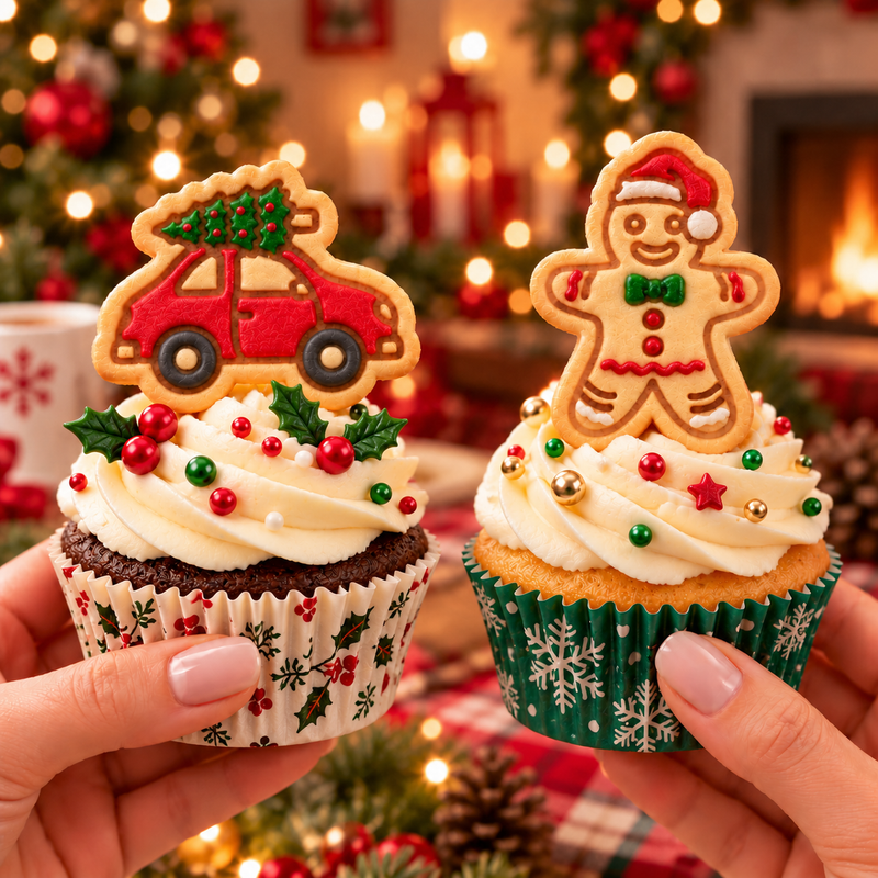 Decorated Christmas tree car and Santa hat gingerbread man cookie toppers on festive cupcakes