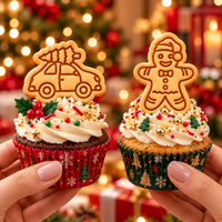 Christmas tree on car and gingerbread man mini cookies used as festive cupcake toppers
