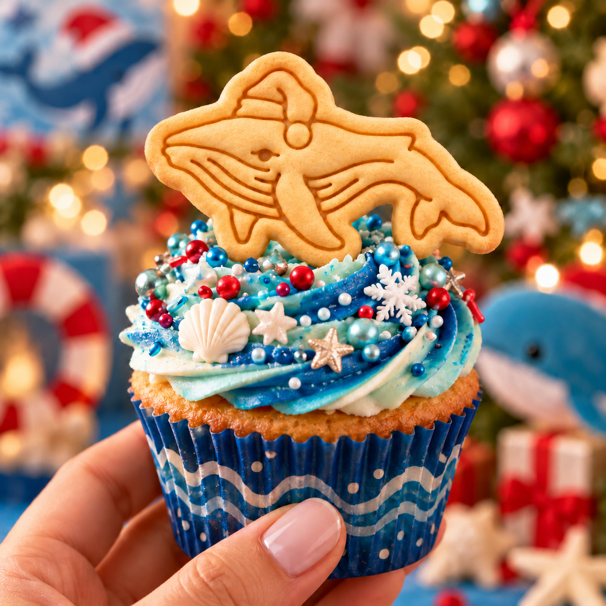Christmas humpback whale mini embossed biscuit with Santa hat used as a cupcake topper