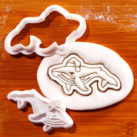 Christmas humpback whale mini cookie cutter and detail stamp with sugarpaste impression