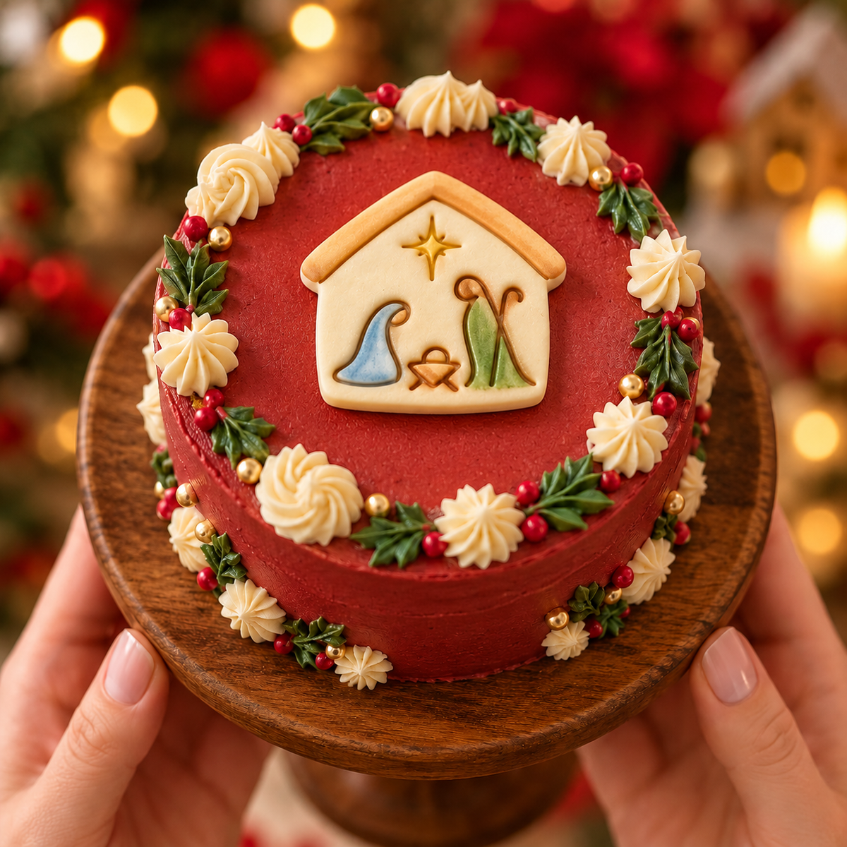 Minimalist Nativity scene cookie topper with Mary Joseph and baby Jesus on a red Christmas cake