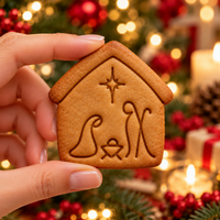 Nativity scene biscuit with minimalist Holy Family design of Mary Joseph and baby Jesus