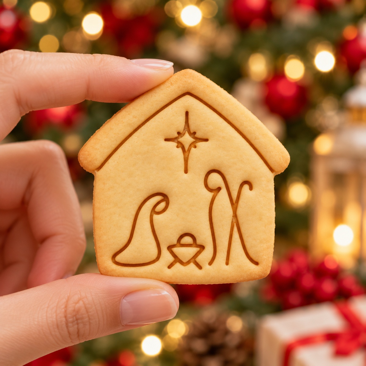 Minimalist Nativity scene Christmas cookie featuring Mary Joseph baby Jesus and Star of Bethlehem