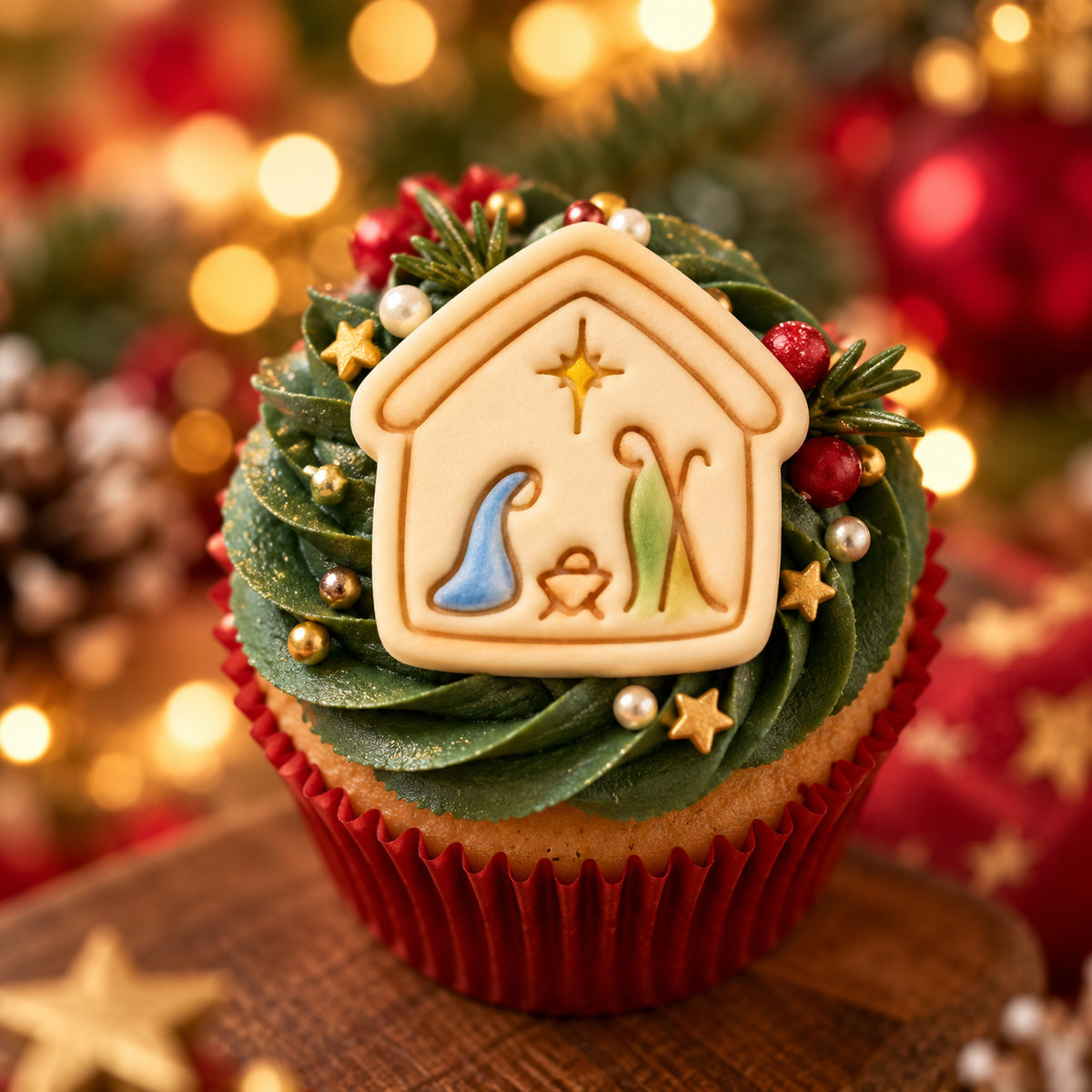 Nativity scene fondant cupcake topper featuring Mary Joseph baby Jesus and Star of Bethlehem