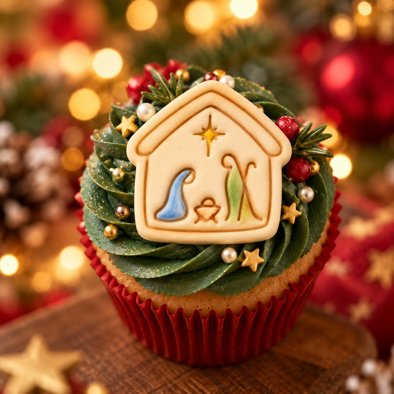 Nativity scene fondant cupcake topper featuring Mary Joseph baby Jesus and Star of Bethlehem