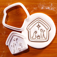 Nativity scene mini cookie cutter and stamp set with Holy Family impression in sugarpaste