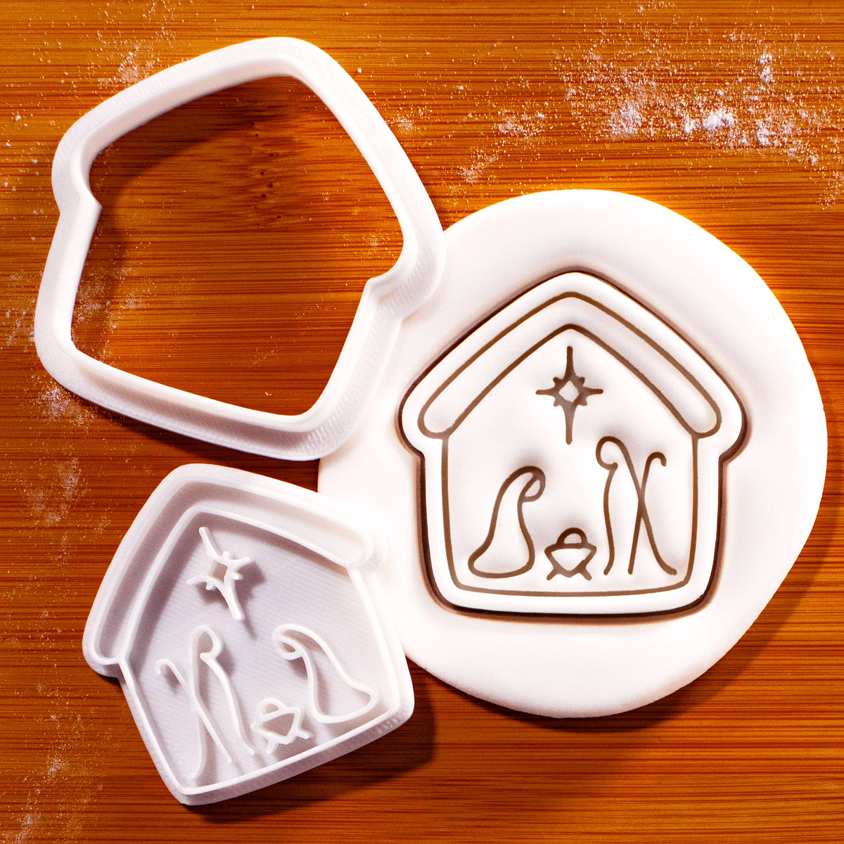 Nativity scene mini cookie cutter and stamp set with Holy Family impression in sugarpaste