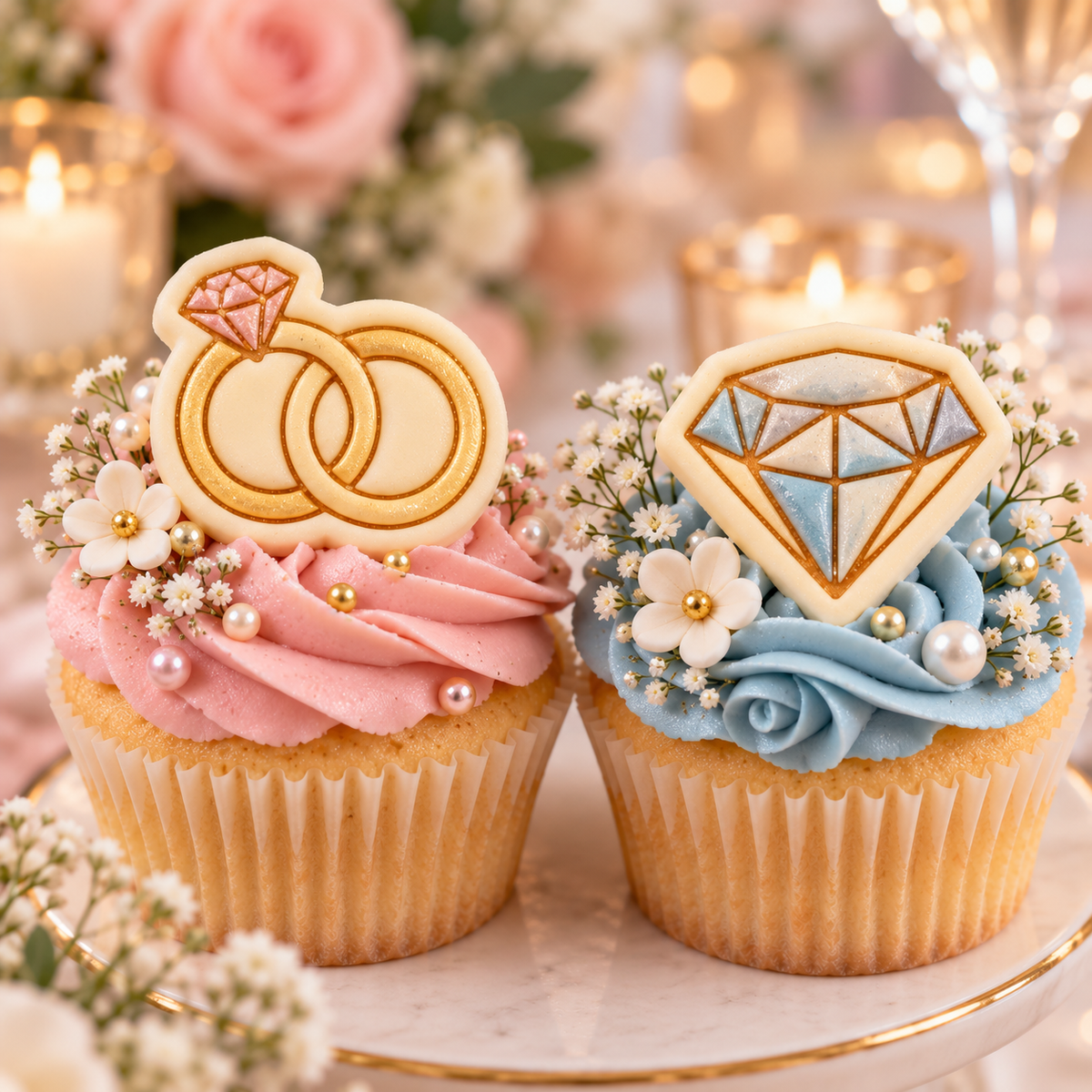 Wedding rings and diamond fondant cupcake toppers for bridal shower, engagement and wedding cakes