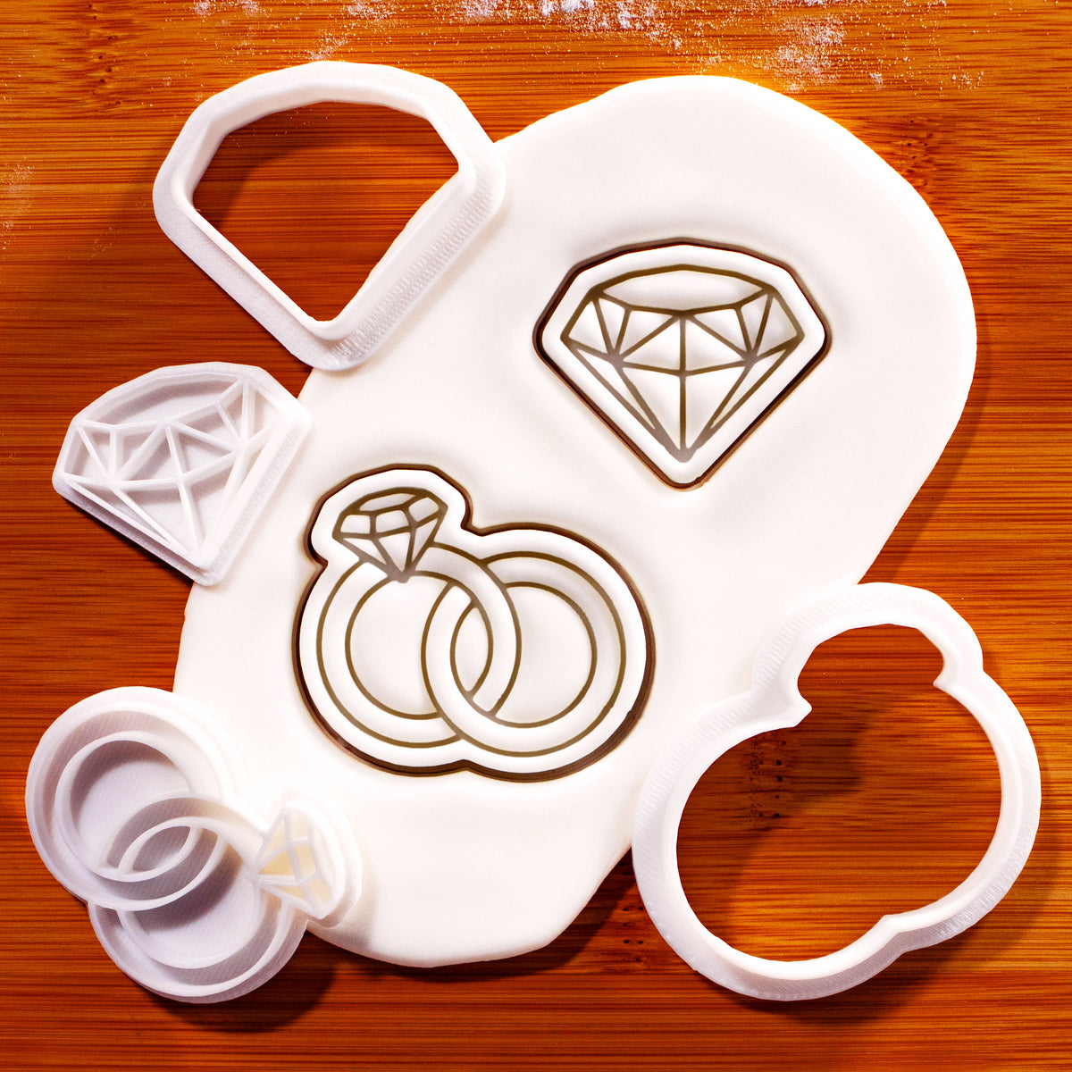 Wedding rings and XS diamond mini cookie cutter and stamp set with detailed sugarpaste impressions