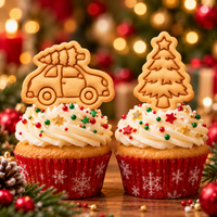 Decorated Christmas tree on car and Christmas tree cookies on festive cupcakes for Xmas party baking