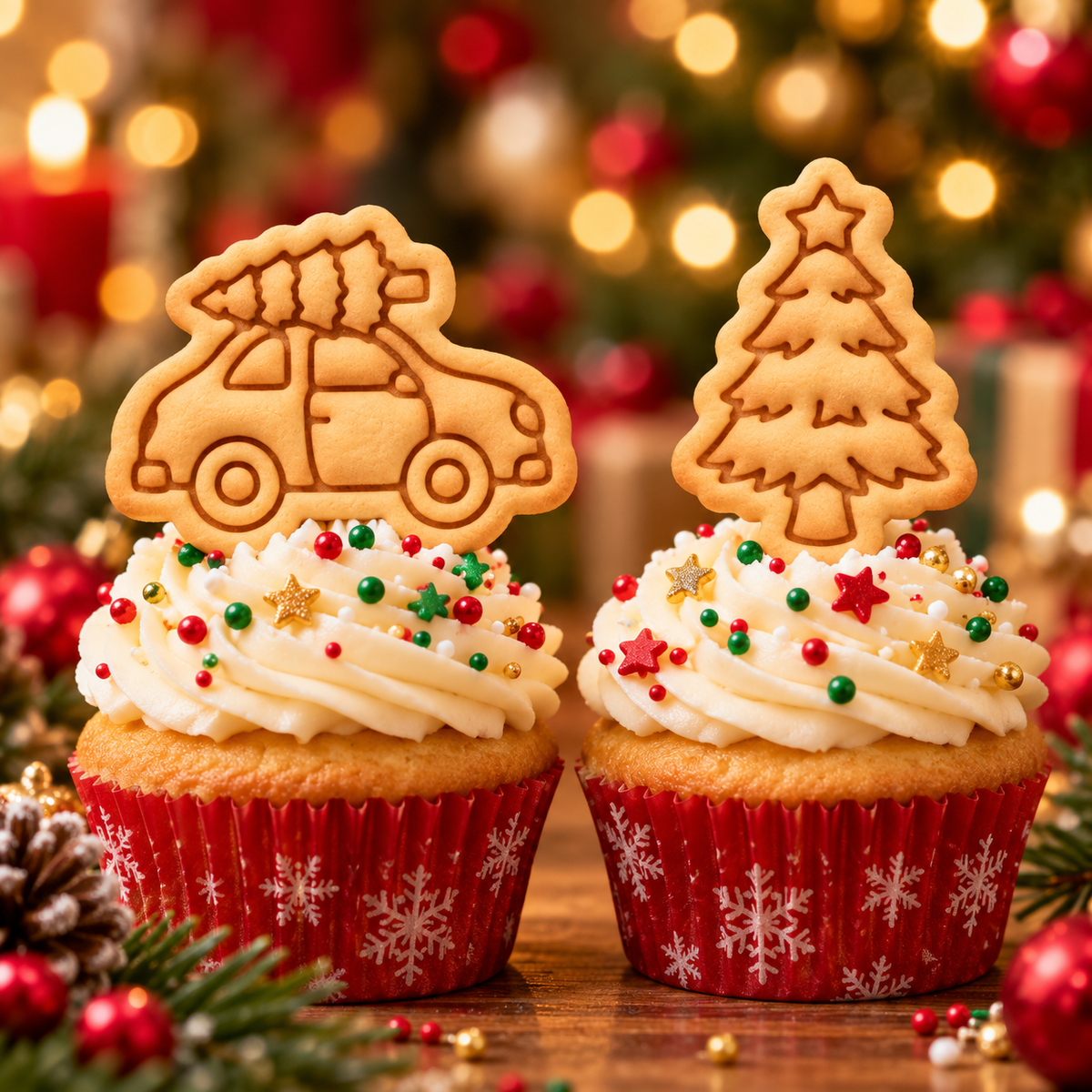Decorated Christmas tree on car and Christmas tree cookies on festive cupcakes for Xmas party baking