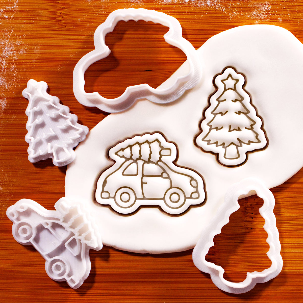 Christmas tree on car and Christmas tree mini cookie cutter and stamp set with detailed sugarpaste impressions