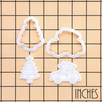 Christmas tree on car and Christmas tree mini cookie cutters and stamps shown on inch measurement grid