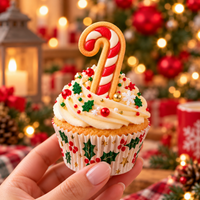 Red and white striped candy cane cookie used as a festive Christmas cupcake topper