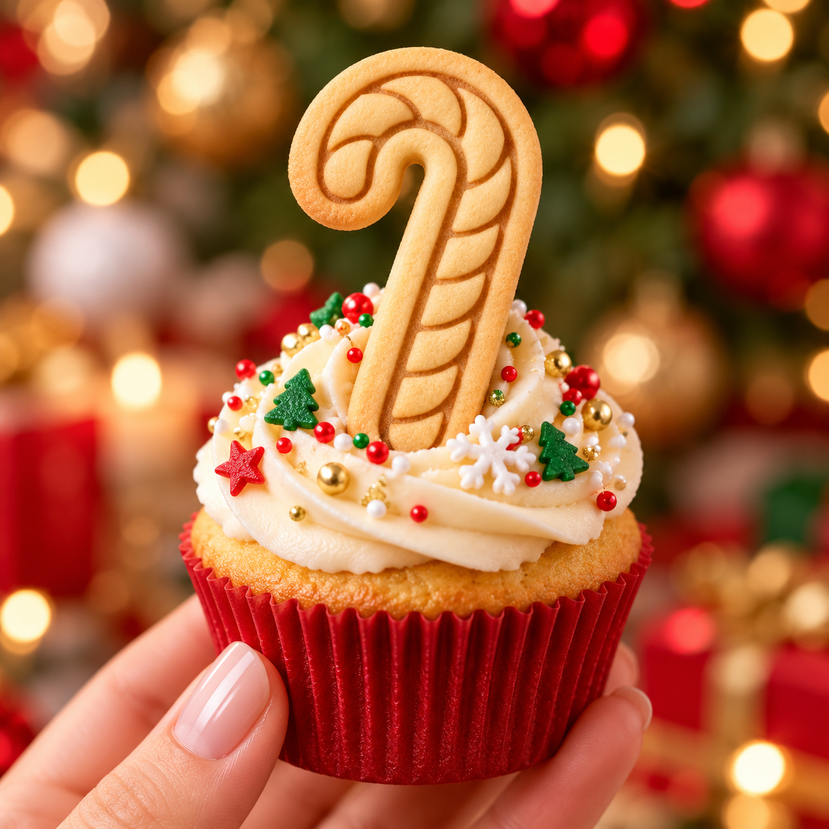 Mini candy cane stamped biscuit used as a Christmas cupcake topper with festive red green and gold decorations