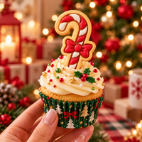 Candy cane with bow stamped biscuit used as a festive Christmas cupcake topper