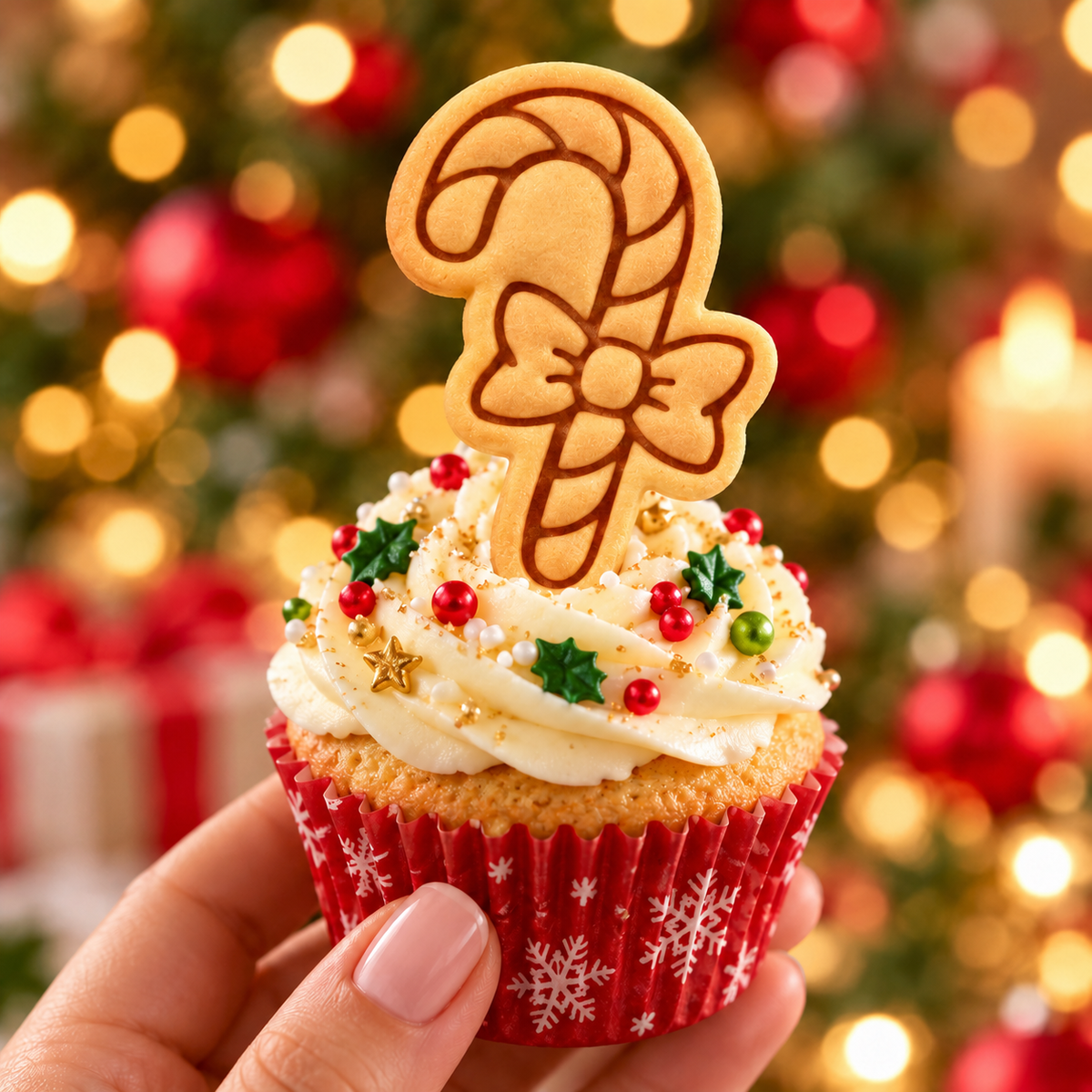 Candy cane with bow stamped biscuit used as a festive Christmas cupcake topper
