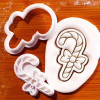 Christmas candy cane with bow mini cookie cutter and detail stamp with embossed sugarpaste impression