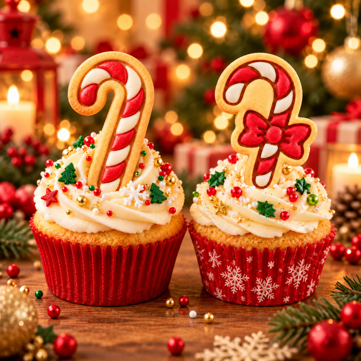 Red and white candy cane and bow cookies decorating Christmas cupcakes with festive sprinkles