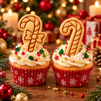 Candy cane and bow candy cane stamped Christmas biscuits used as festive cupcake toppers