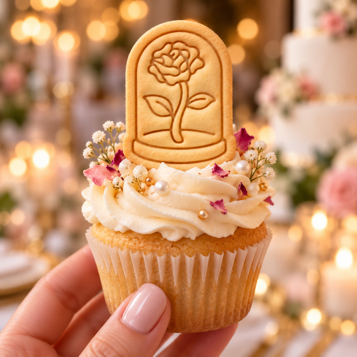 Stamped glass dome with rose biscuit used as an elegant floral cupcake topper