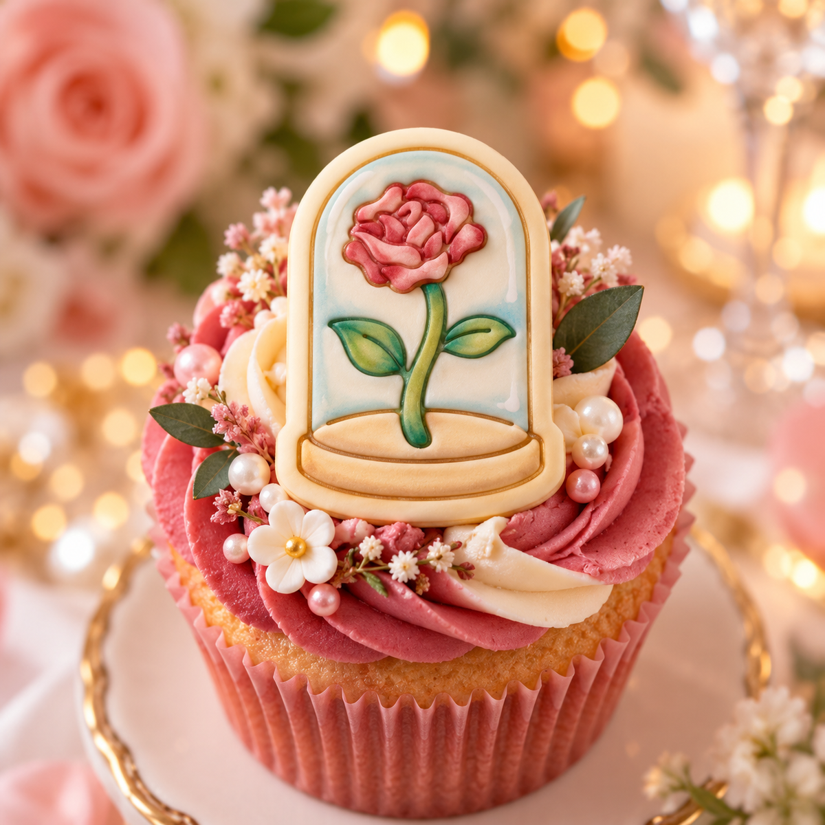 Painted rose in glass cloche fondant topper on pink floral cupcake for wedding or romantic celebration
