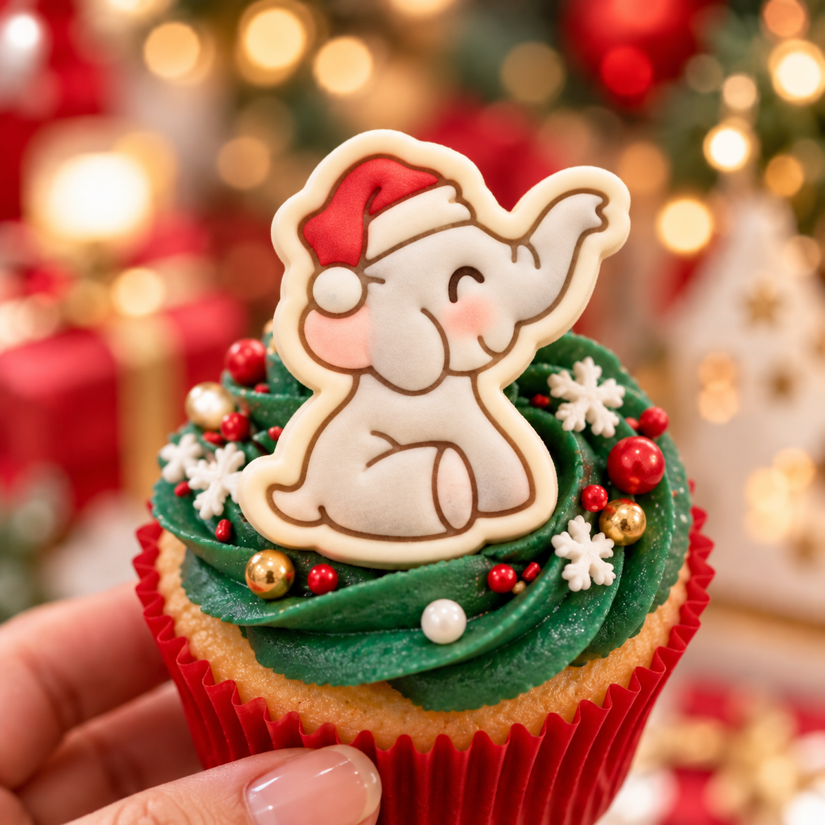 Cute grey baby elephant with Santa hat fondant topper on Christmas cupcake