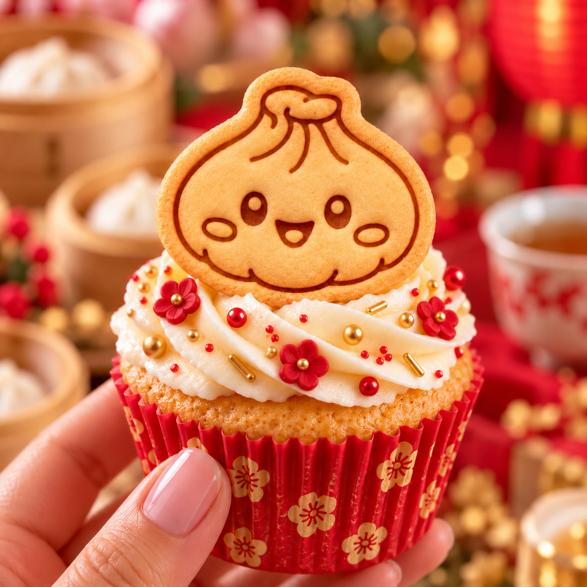 Cute smiling Xiao Long Bao dumpling biscuit used as cupcake topper for Chinese New Year baking