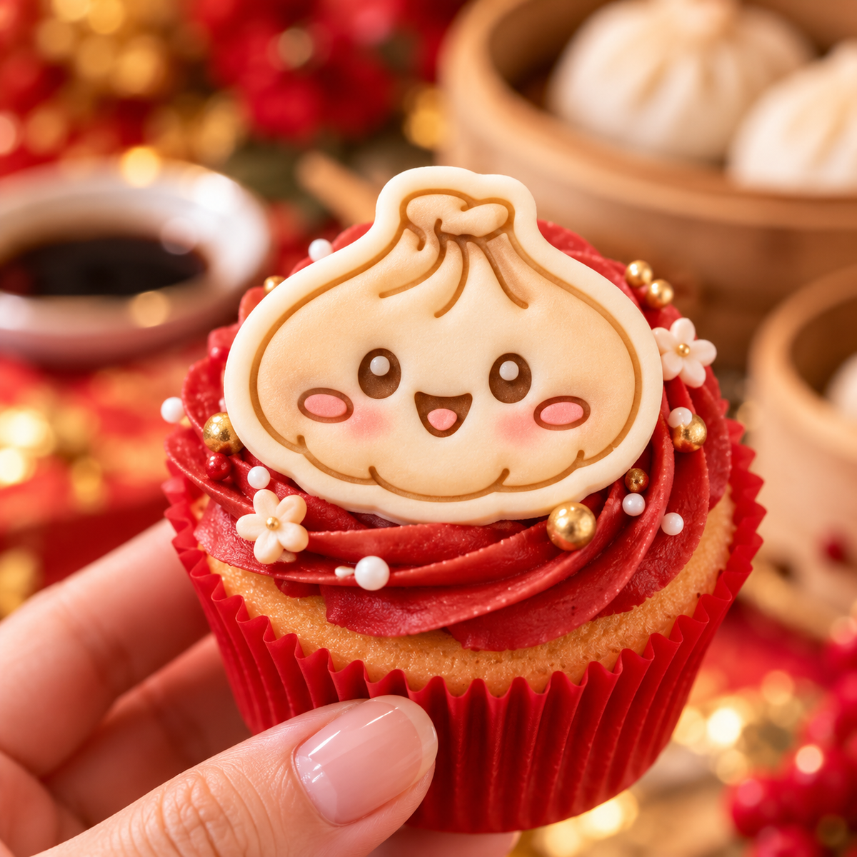 Kawaii dumpling fondant cupcake topper with smiling face for Lunar New Year and dim sum party