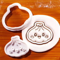 Kawaii Xiao Long Bao dumpling mini cookie cutter and stamp beside embossed sugarpaste impression