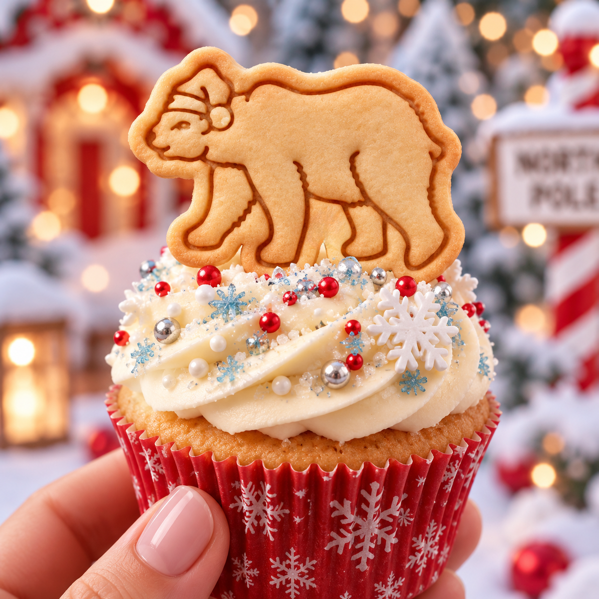 Christmas polar bear stamped biscuit cupcake topper with Santa hat for festive winter and Arctic themed baking