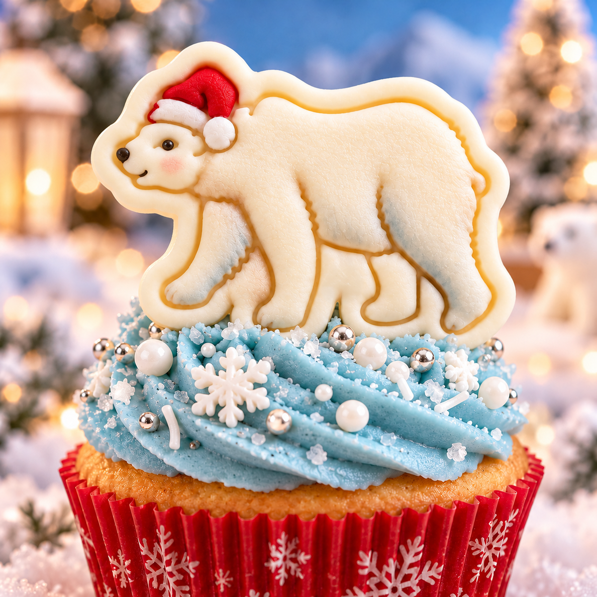 Decorated Christmas polar bear fondant cupcake topper wearing a red Santa hat on a winter themed cupcake