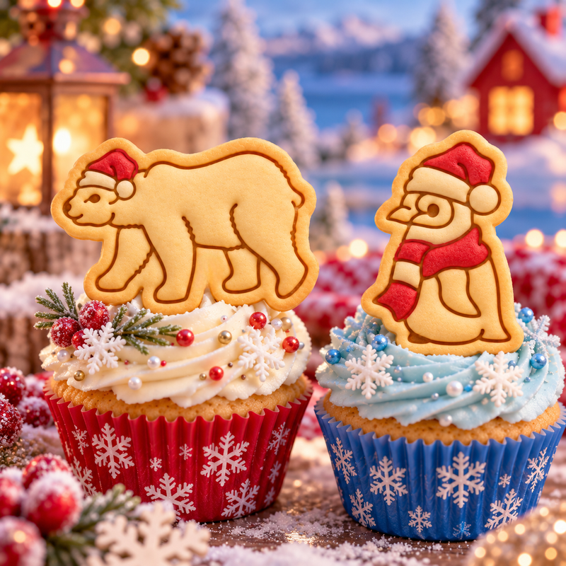 Christmas polar bear and baby penguin decorated biscuit toppers with Santa hats and winter scarf on festive cupcakes