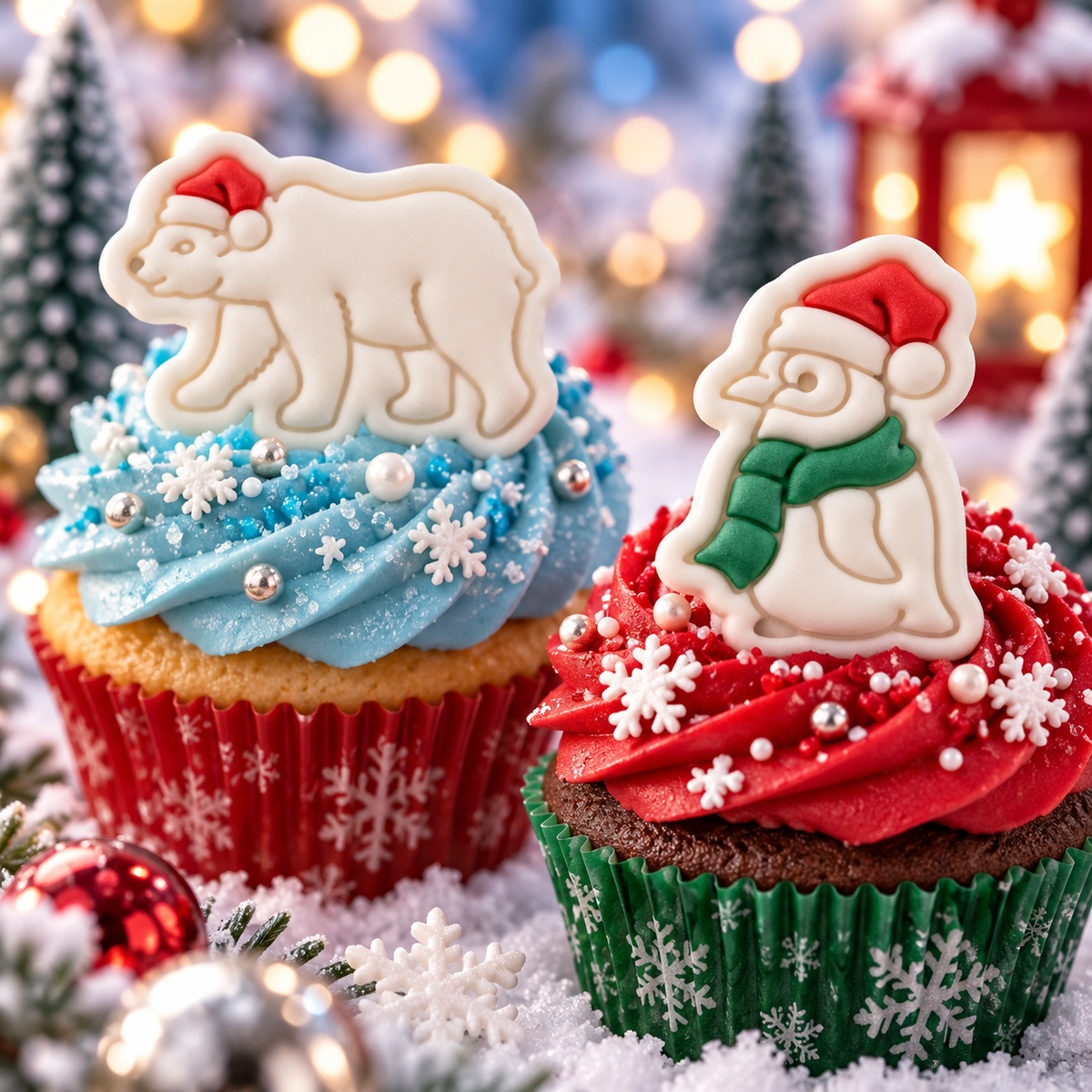 Polar bear and baby penguin Christmas fondant cupcake toppers with Santa hats, scarf and snowy winter decorations