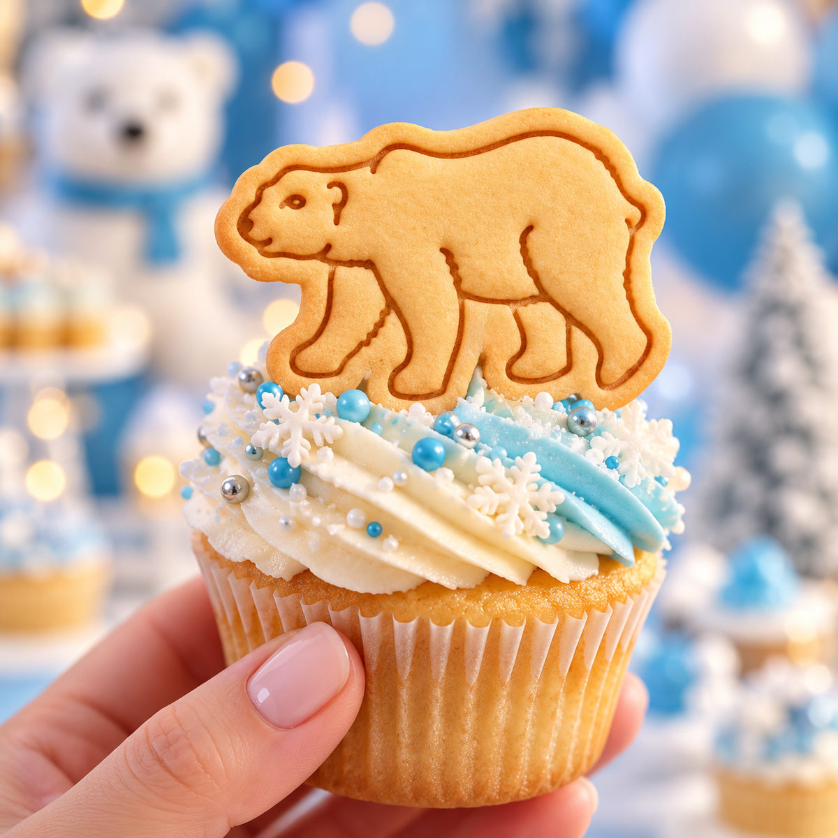 Polar bear stamped biscuit cupcake topper with blue and white winter icing for Arctic themed baking