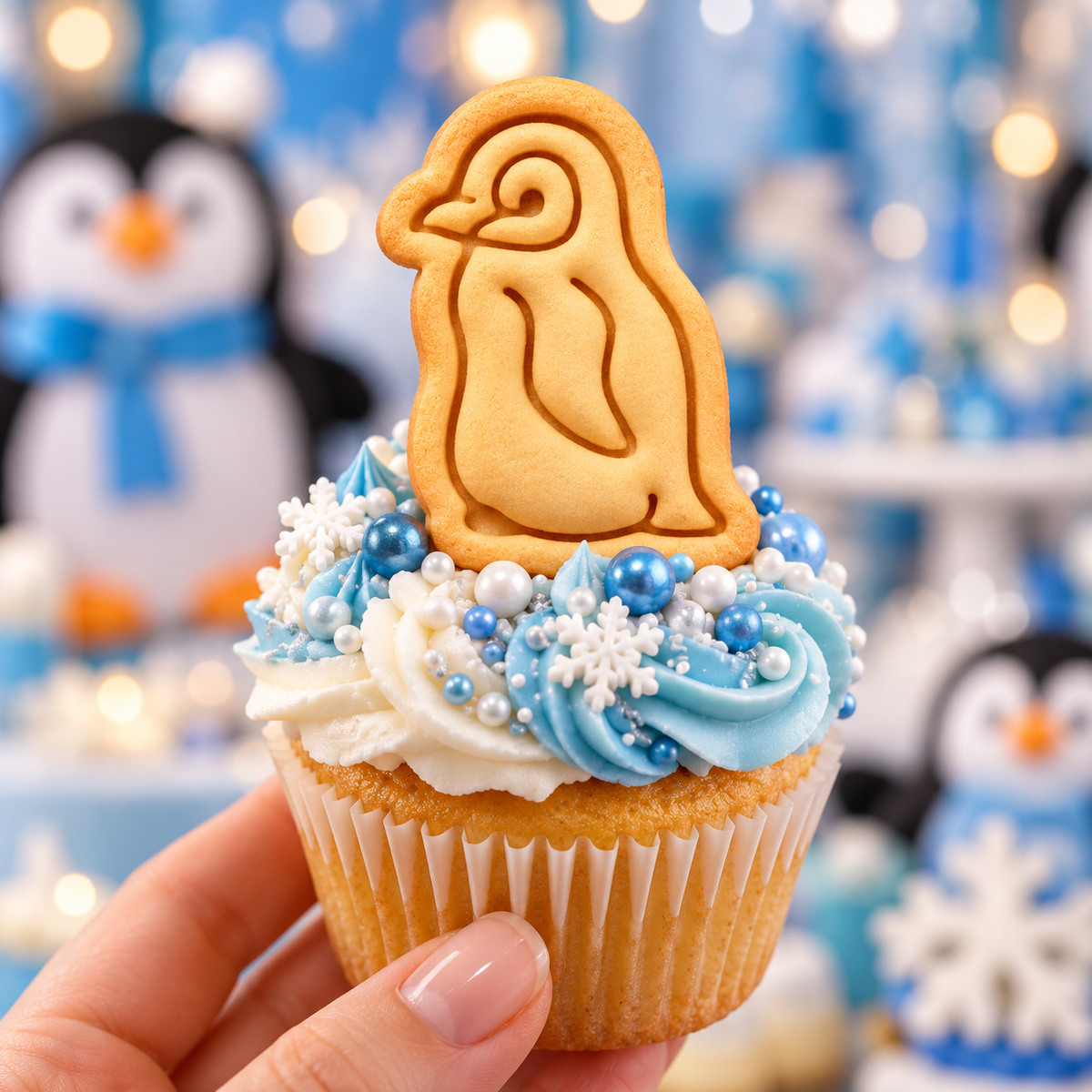 Baby penguin stamped biscuit used as cupcake topper for winter wildlife themed baking