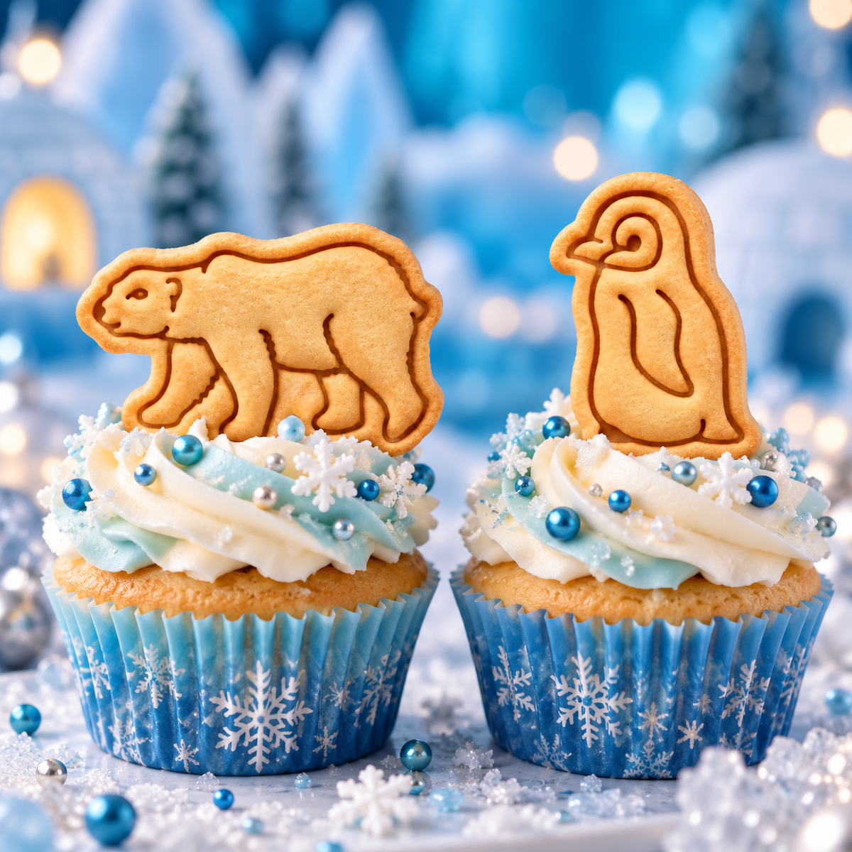 Polar bear and baby penguin stamped biscuit cupcake toppers with blue and white winter decorations
