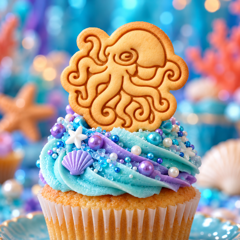 Realistic octopus stamped biscuit used as cupcake topper for under the sea and marine life themed baking