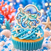 Colourful realistic octopus fondant cupcake topper on blue ocean themed cupcake with starfish and pearl decorations