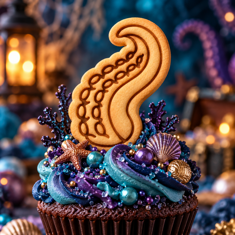 Octopus tentacle stamped biscuit cupcake topper with suction cup detail for kraken and under the sea party baking