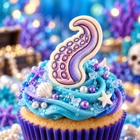 Purple octopus tentacle fondant cupcake topper with suction cups on blue under the sea themed cupcake