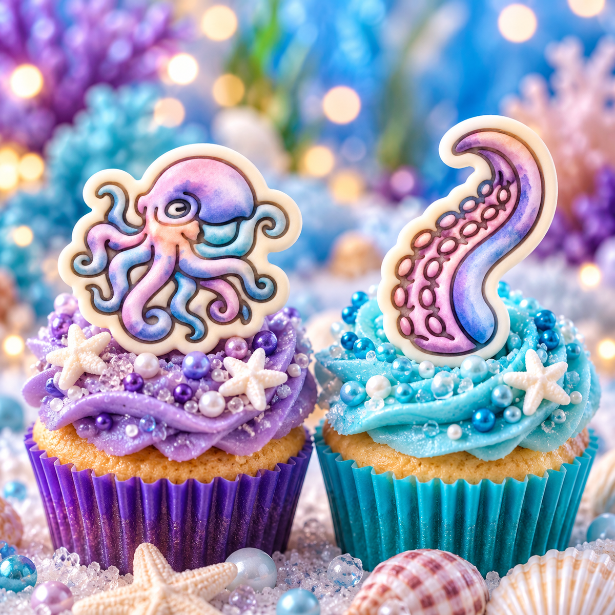 Colourful octopus and tentacle fondant cupcake toppers in purple and blue for ocean and under the sea party cakes