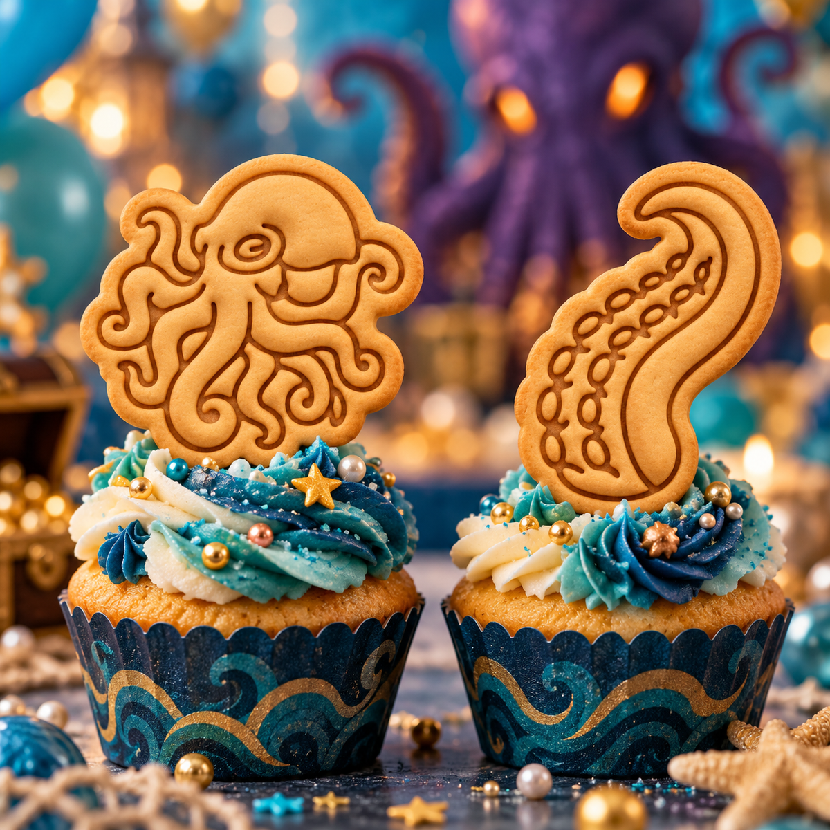 Realistic octopus and tentacle stamped biscuit cupcake toppers for under the sea, kraken and marine life themed baking
