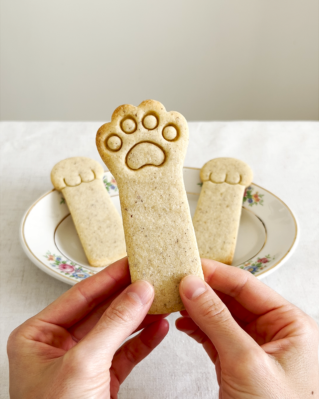 Hand holding a cookie shaped like a cat paw print with two more cat paw cookies on a decorative plate in the background.