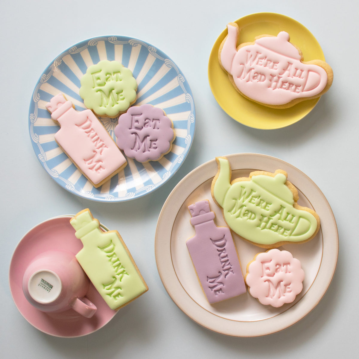 Set of 3 Eat Me, Drink Me, We are all Mad here Teapot Cookies