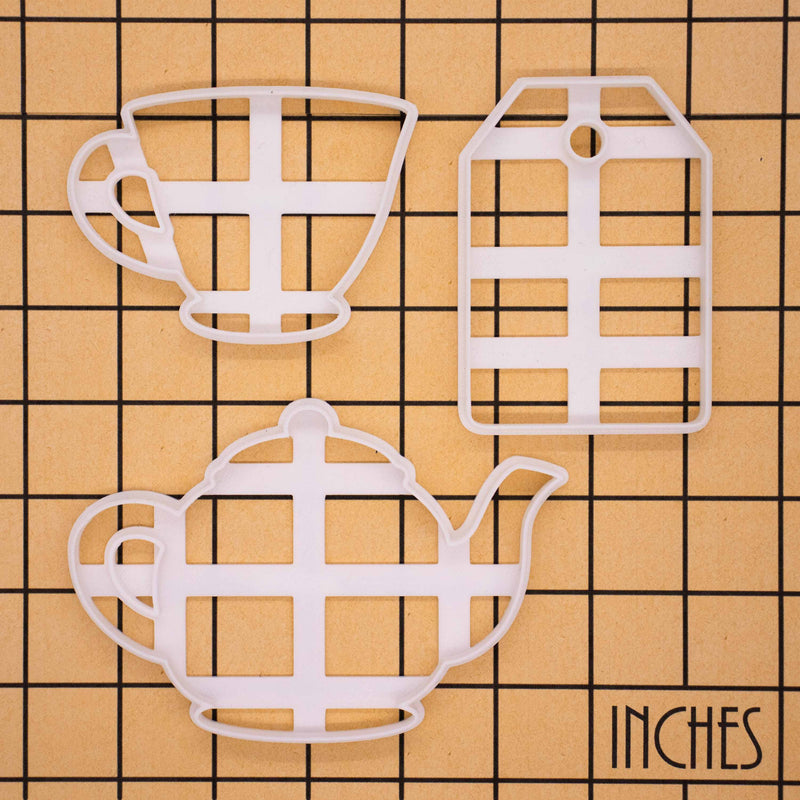 set of 3 tea party themed cookie cutters, featuring a teapot, a teacup and a teabag
