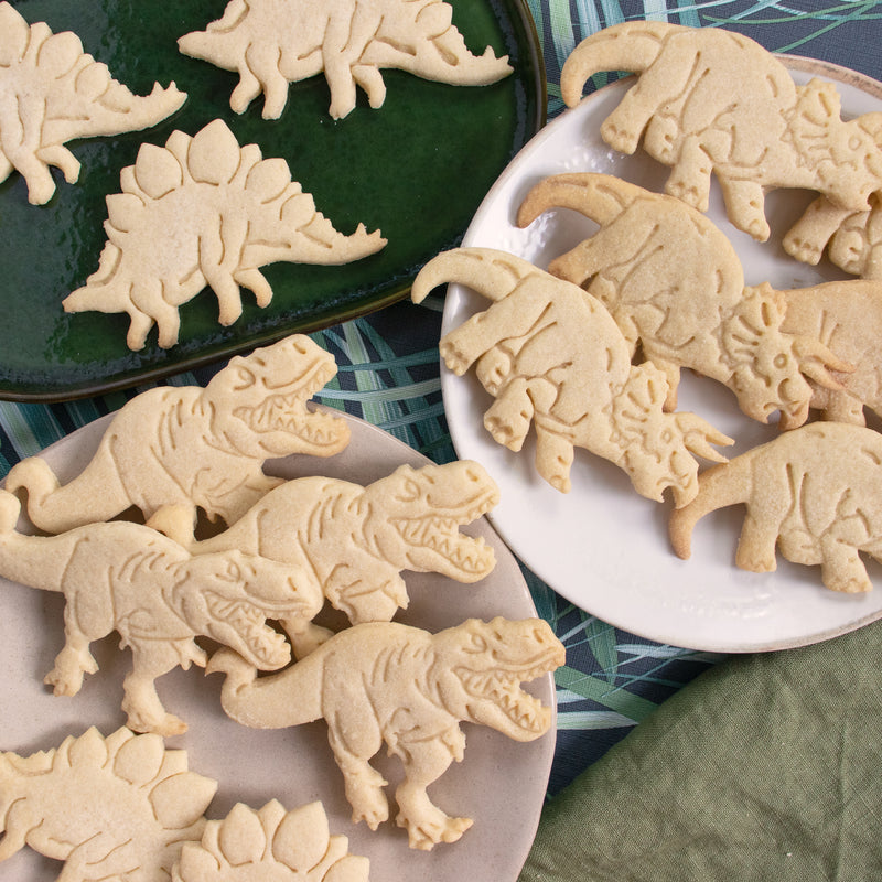 dinosaur cookies - t-rex, stegosaurus, and triceratops