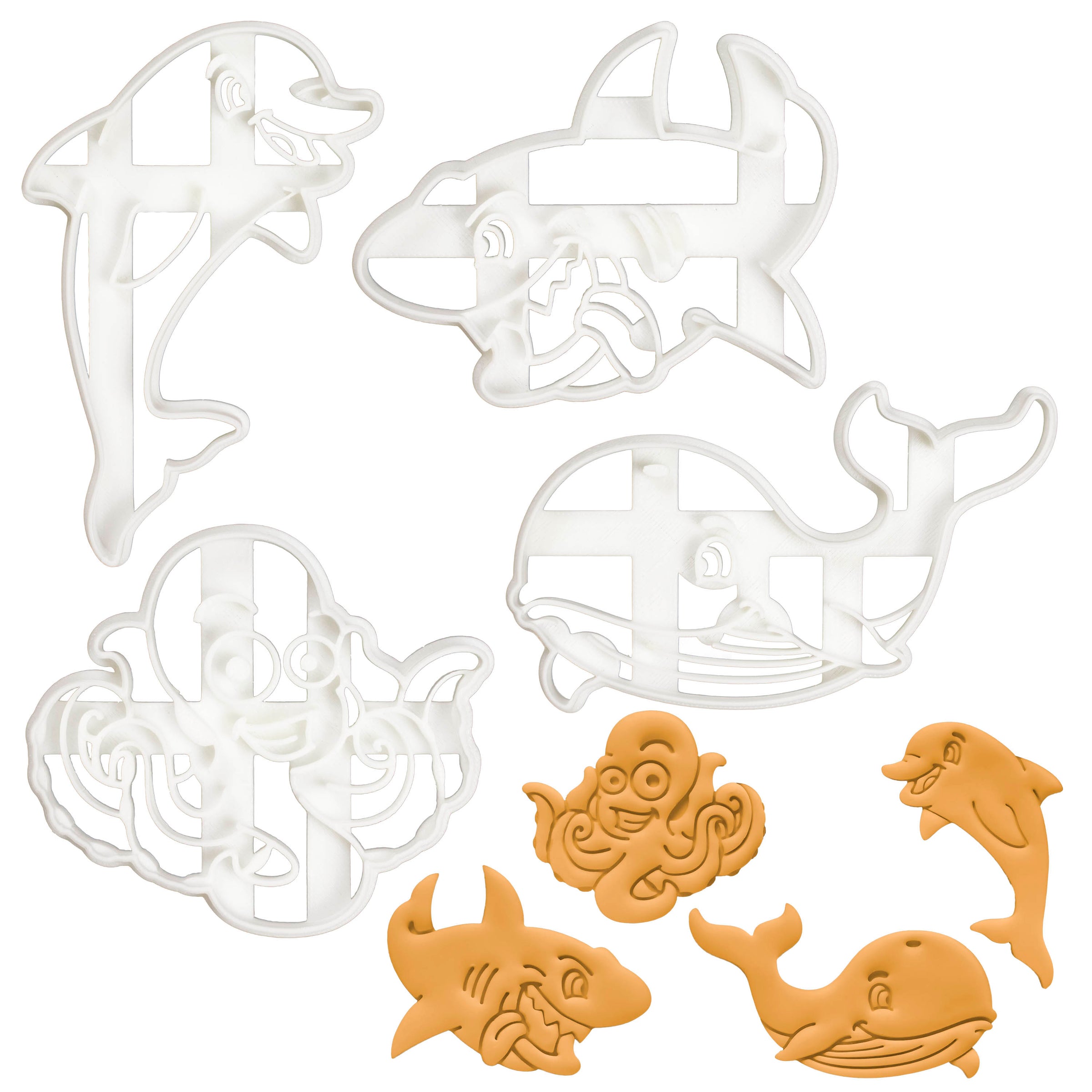 set of 4 nautical cookie cutters - dolphin, octopus, shark and whale